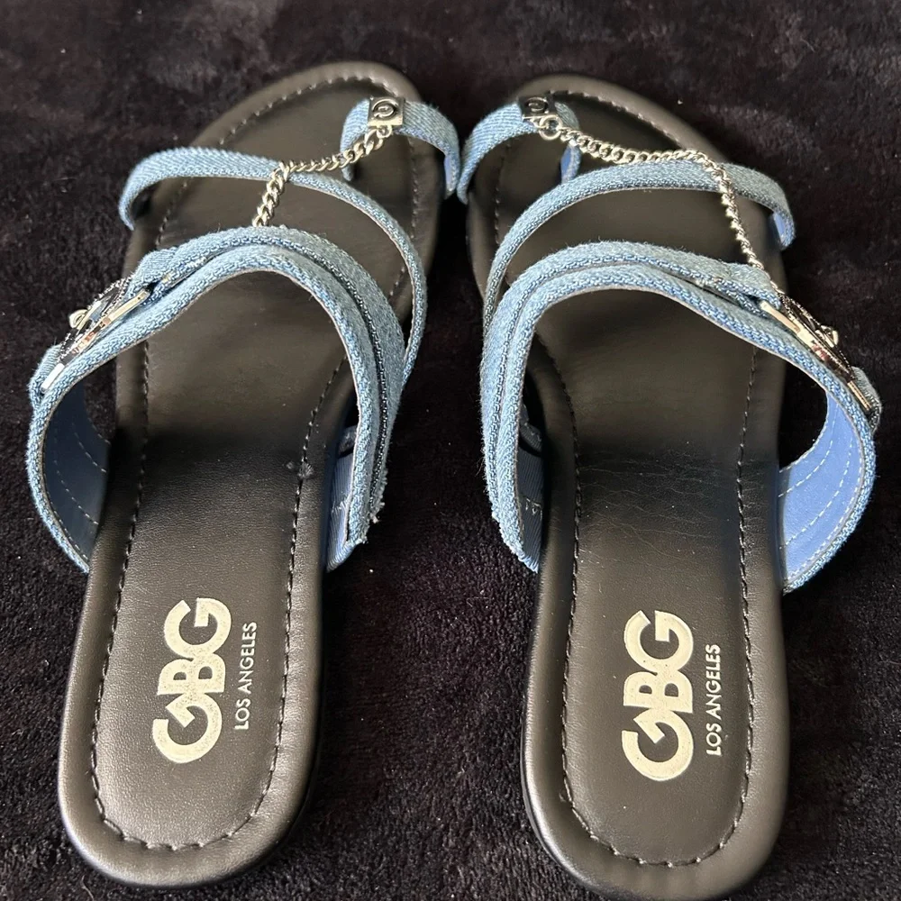 G by Guess Light Blue Denim Chain-Accent Slide Sandals - Picture 3 of 4
